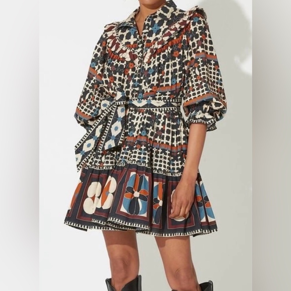 Cleobella Geometric Print Mini Dress in Black, Blue, and Orange